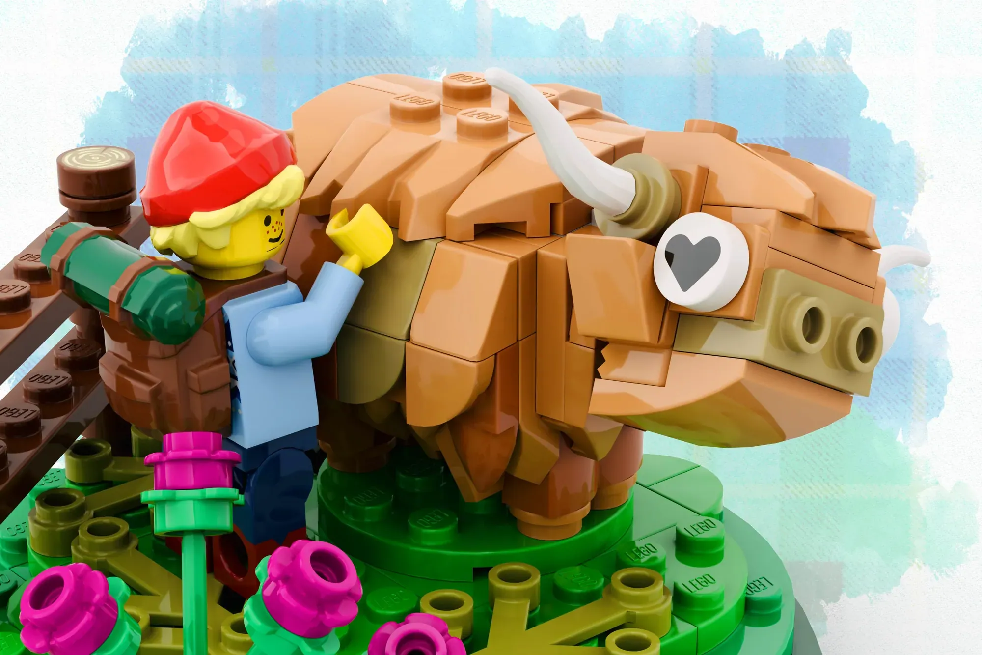 Pink and green LEGO botanical elements close-up